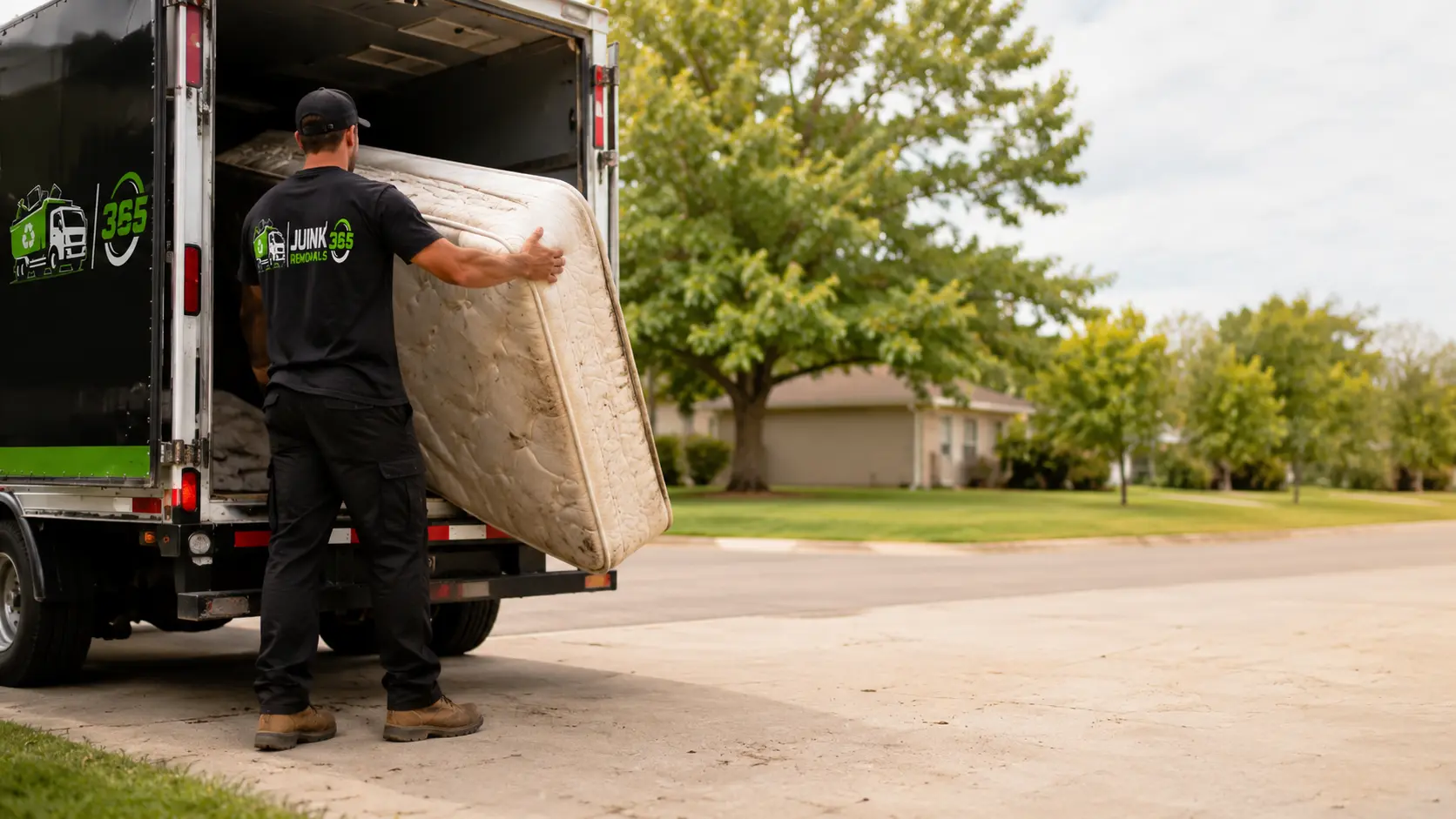 Mattress removal service preparing an old mattress for disposal in a National cleanup