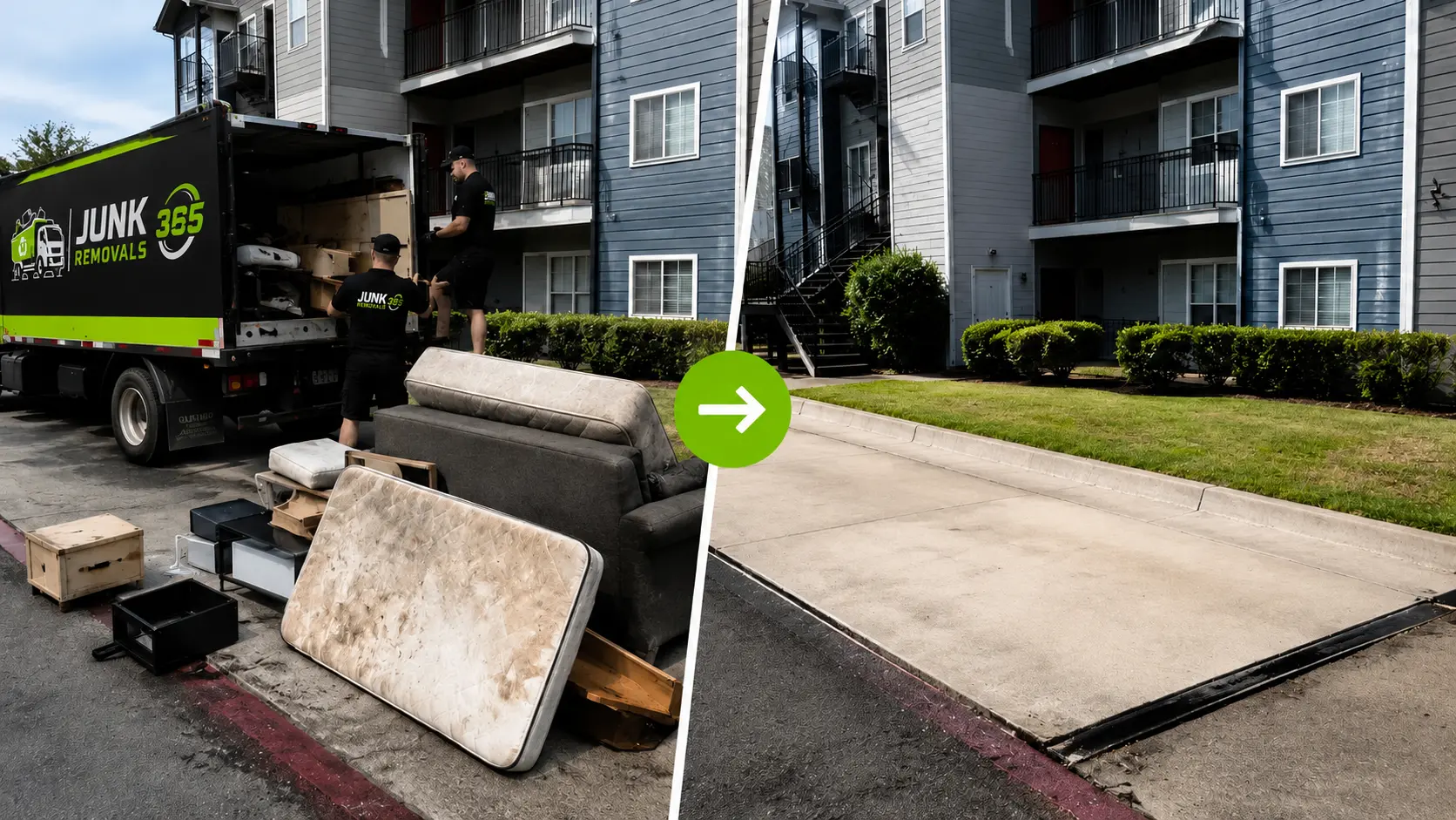Mattress removal team preparing pickup during a National apartment cleanout
