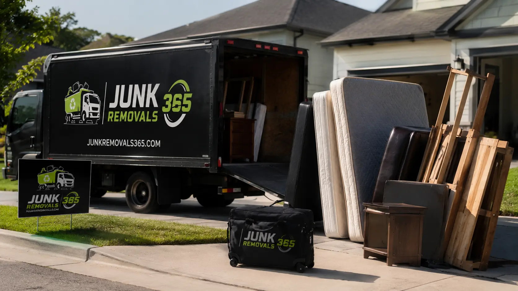 Mattress disposal company hauling bulky bedroom items during a national moving cleanout