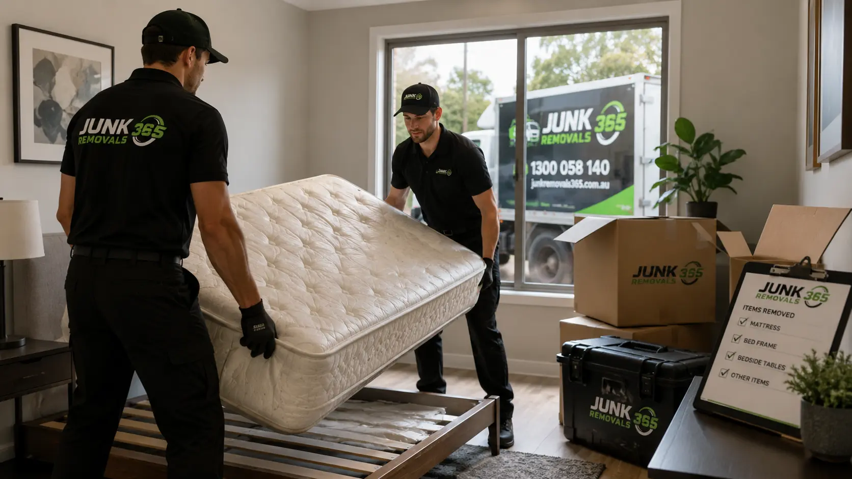 National mattress removal team clearing bulky bedding during a move-out