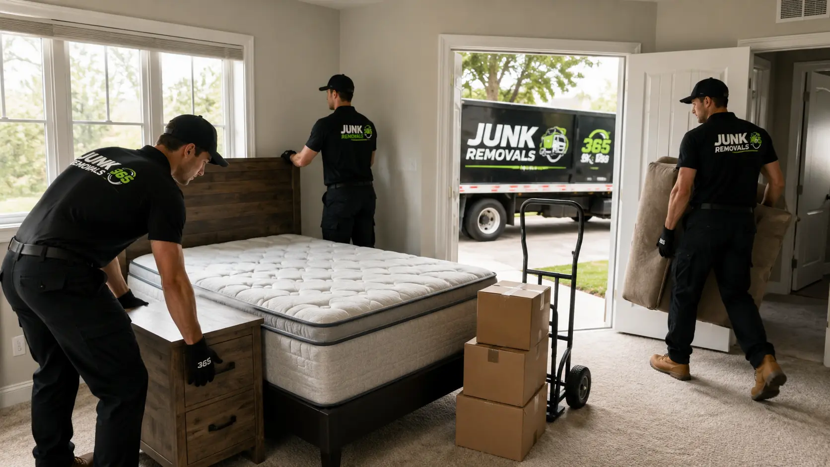 Mattress removal crew preparing bedroom cleanout items in the United States