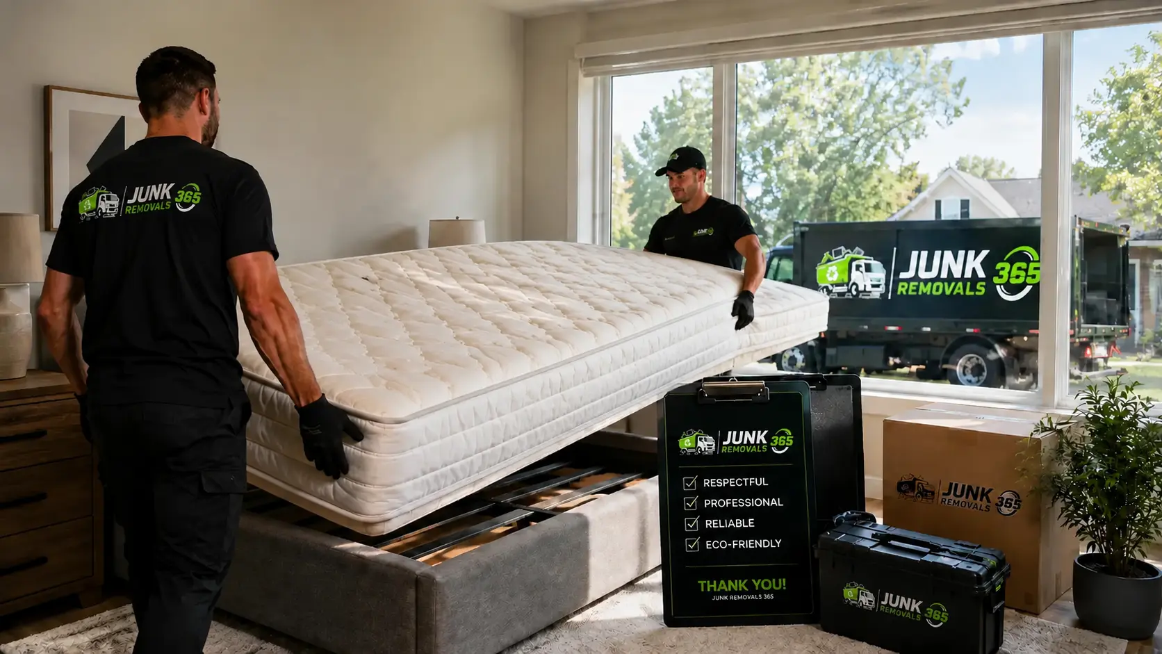 Mattress removal during a bedroom cleanout in the United States