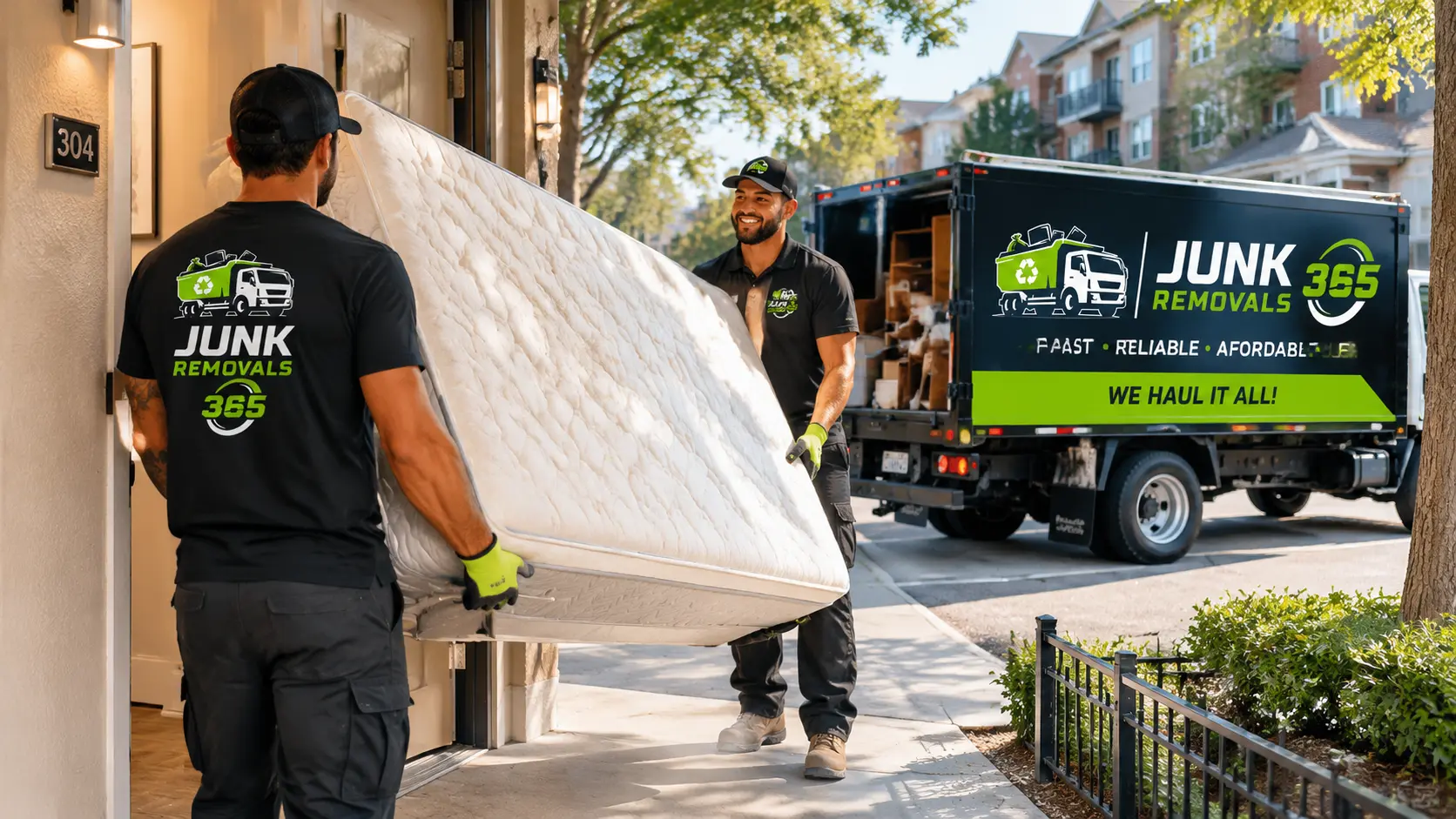 Mattress pickup preparation in an apartment hallway during a nationwide moving cleanout