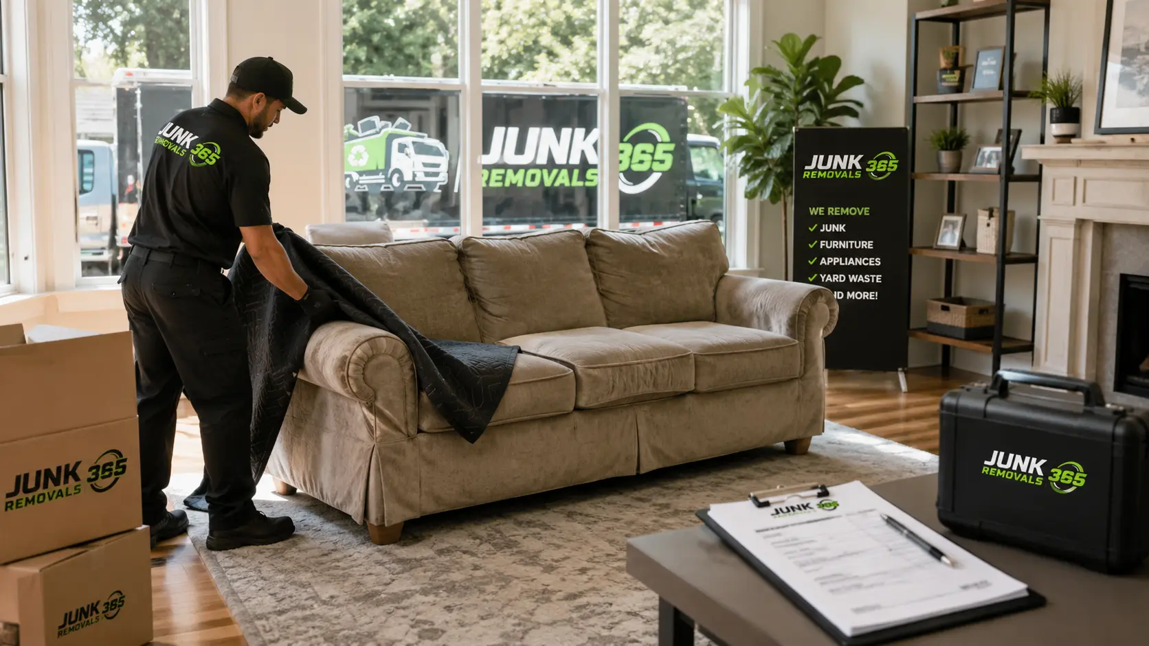 Preparing an old sofa for couch removal during a moving cleanout in the United States