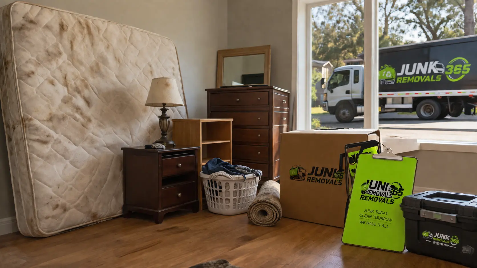 Old mattress and bedroom items ready for removal during a moving cleanout in the United States
