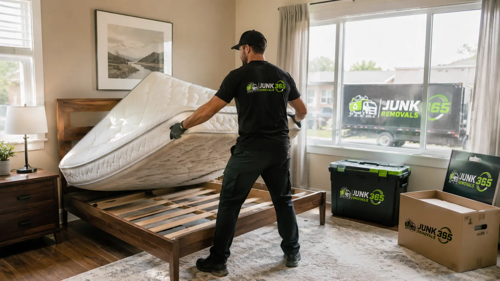 Mattress removal during a bedroom cleanout in the United States