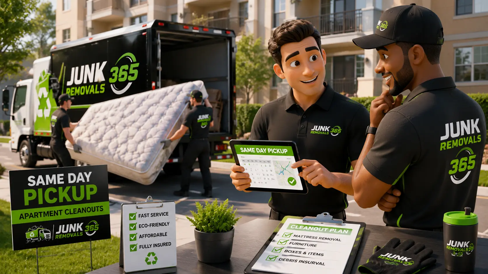 Mattress removal crew planning same day pickup for an apartment cleanout in the United States