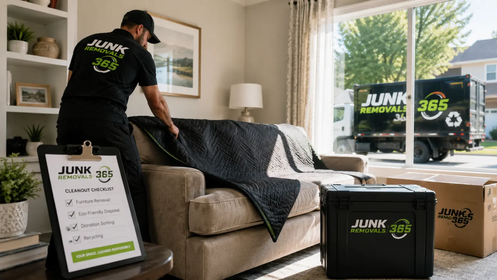 Couch recycling and removal preparation in a National suburban home cleanout