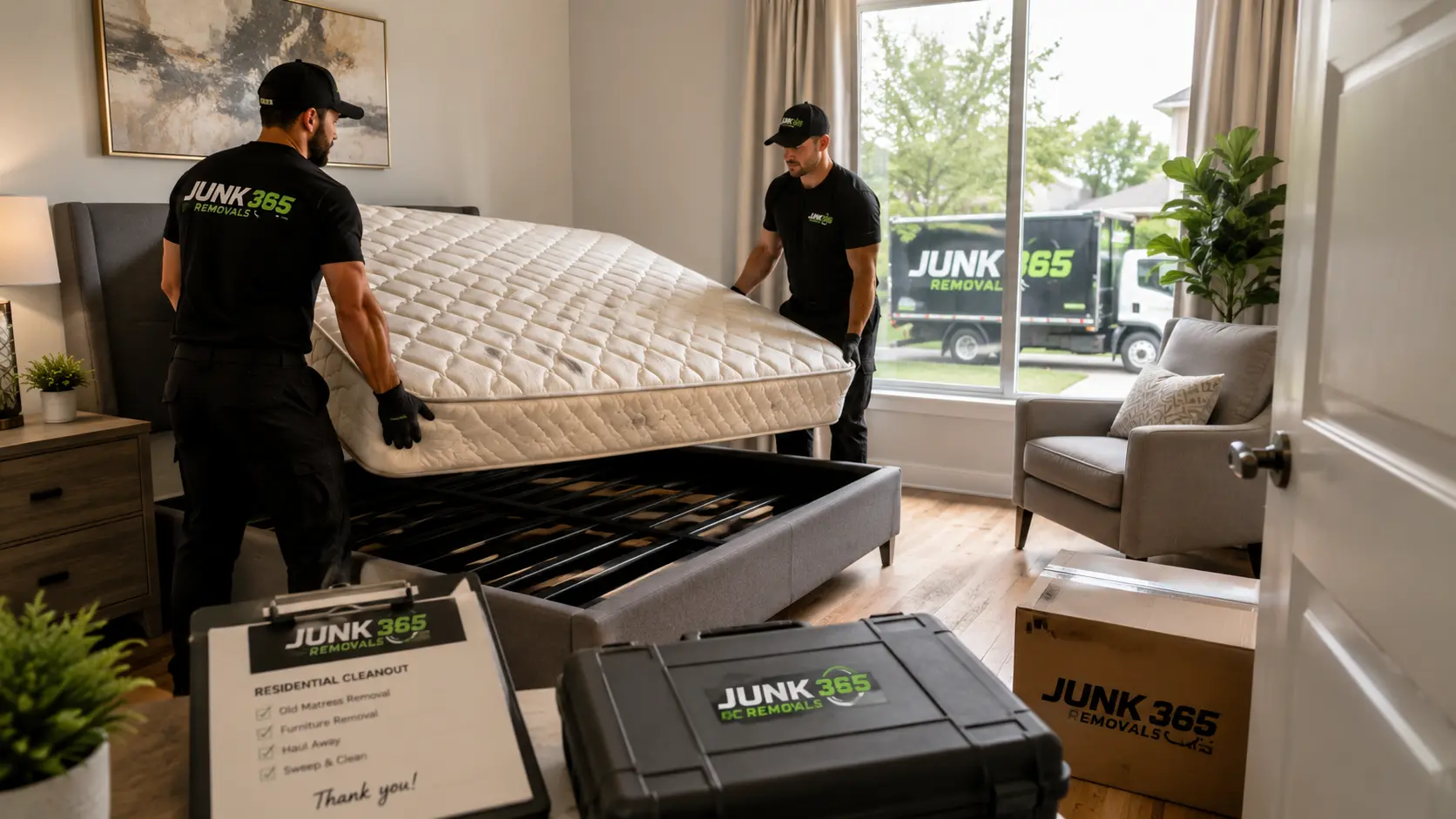 Old mattress removal from a Dallas Texas bedroom during a moving cleanout