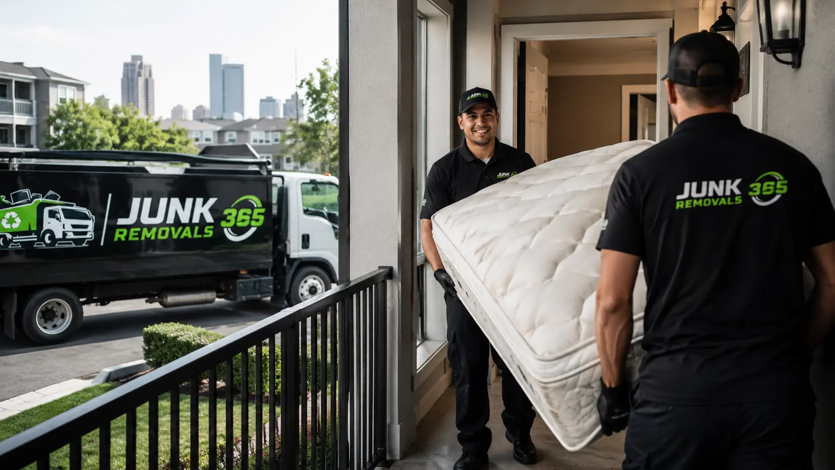 Mattress disposal preparation in a Dallas Texas apartment hallway