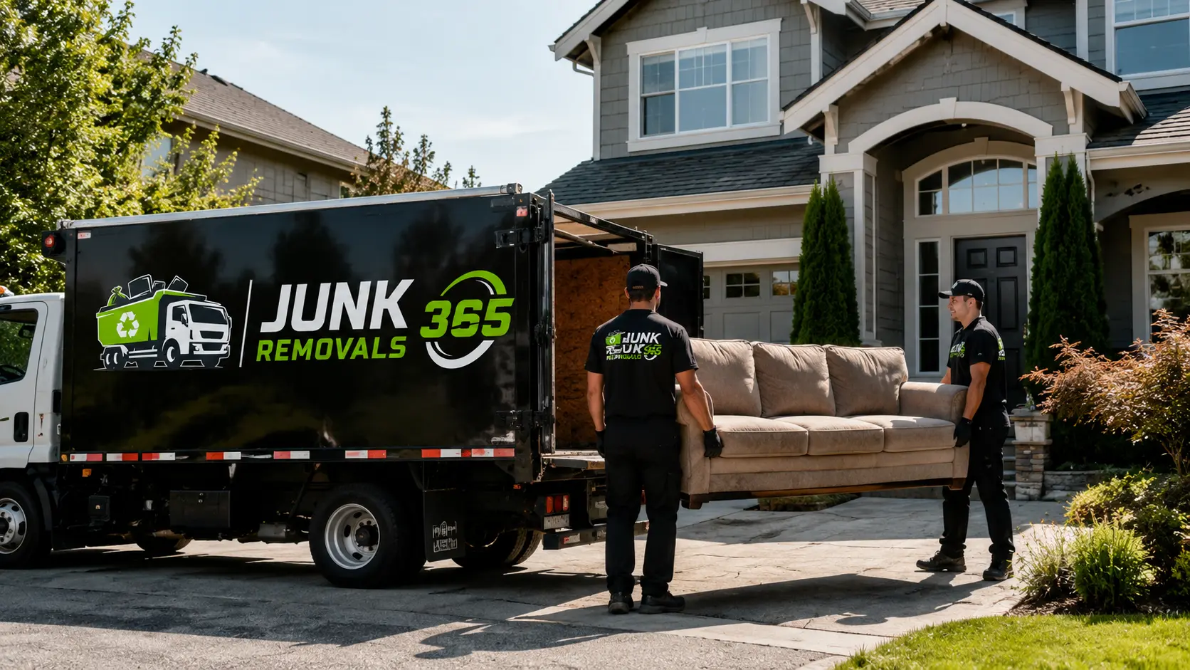Couch removal crew preparing bulky furniture pickup from a United States apartment