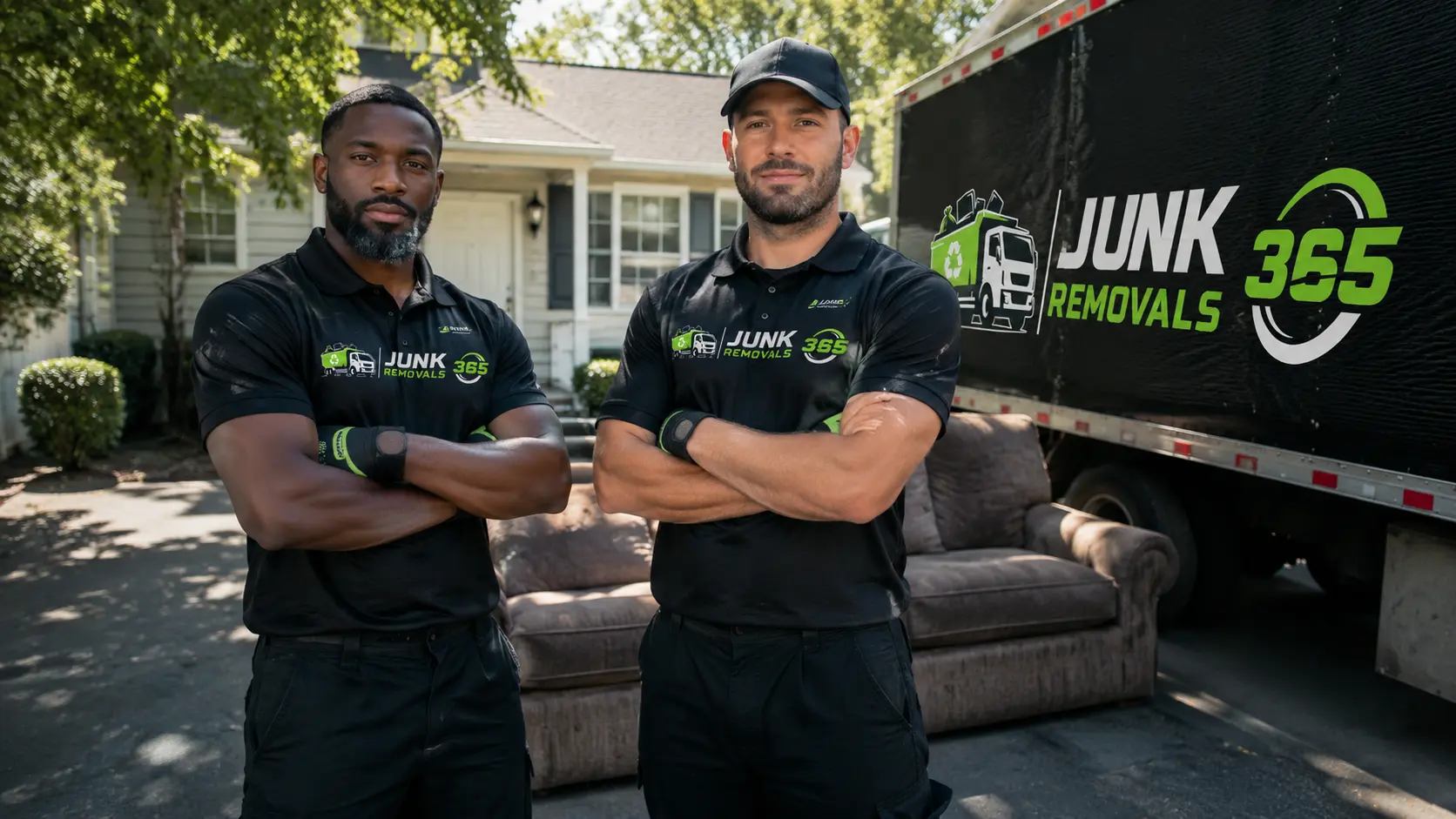 Couch removal crew handling bulky furniture during a moving cleanout in the United States