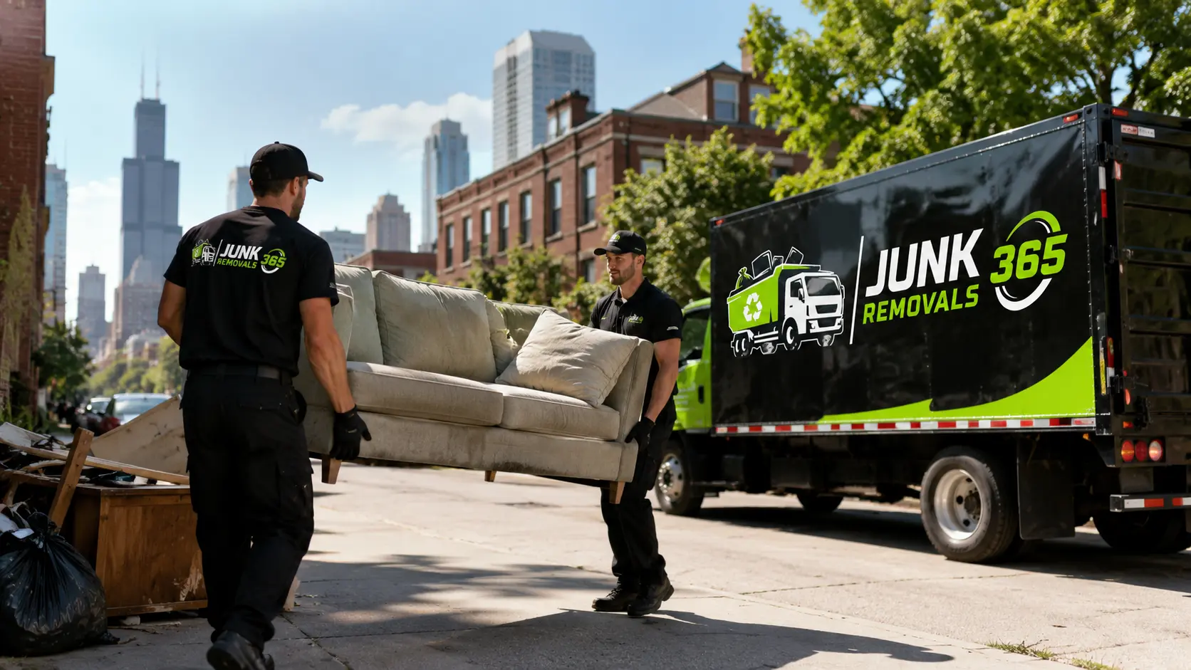 Couch removal crew carrying an old sofa during a property cleanout in the United States