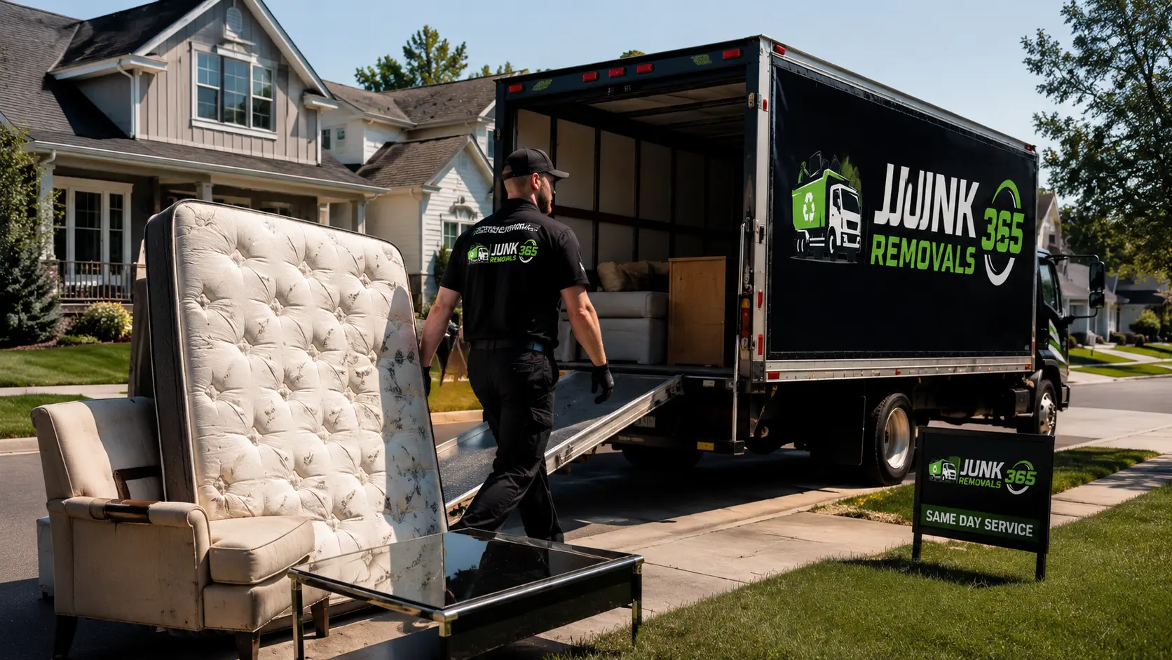 Old mattress and bedroom items prepared for same-day mattress removal during a home cleanout in the United States