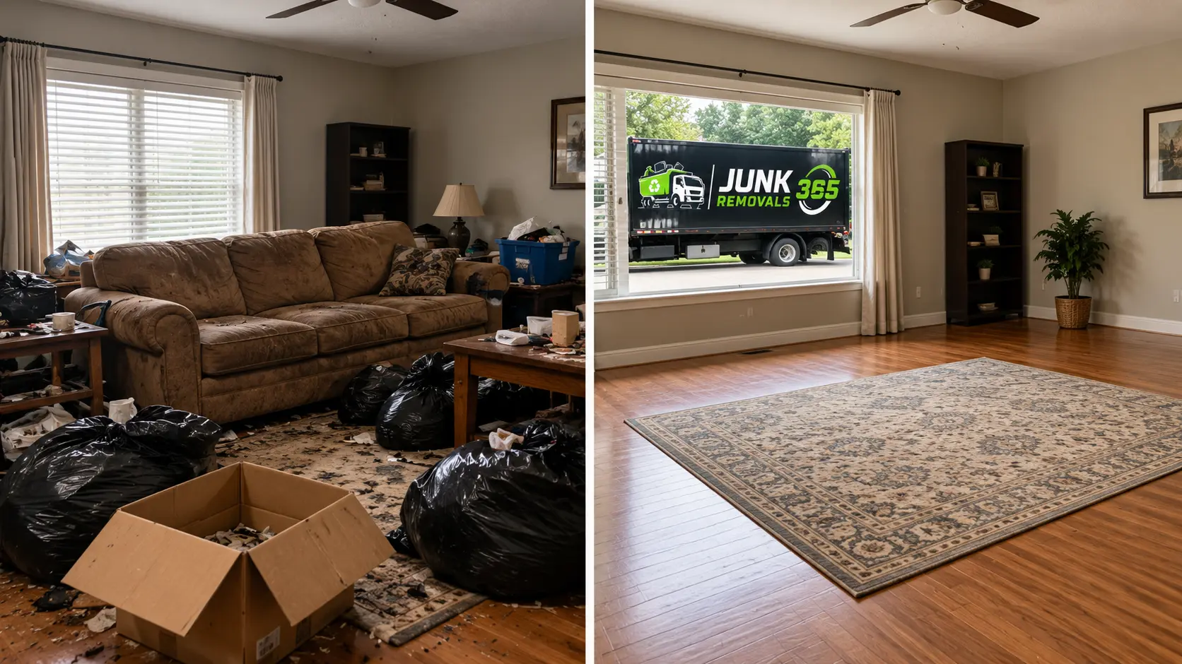 Old couch disposal during a living room cleanout in the United States
