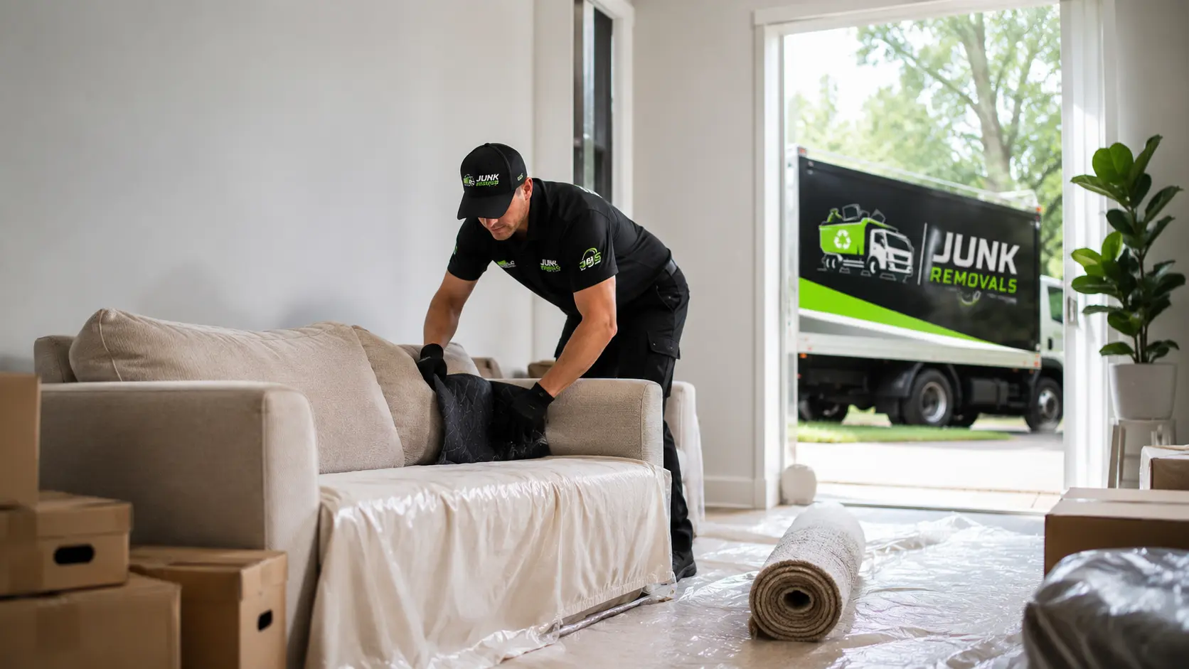 Preparing an old sofa for couch removal during a national apartment cleanout