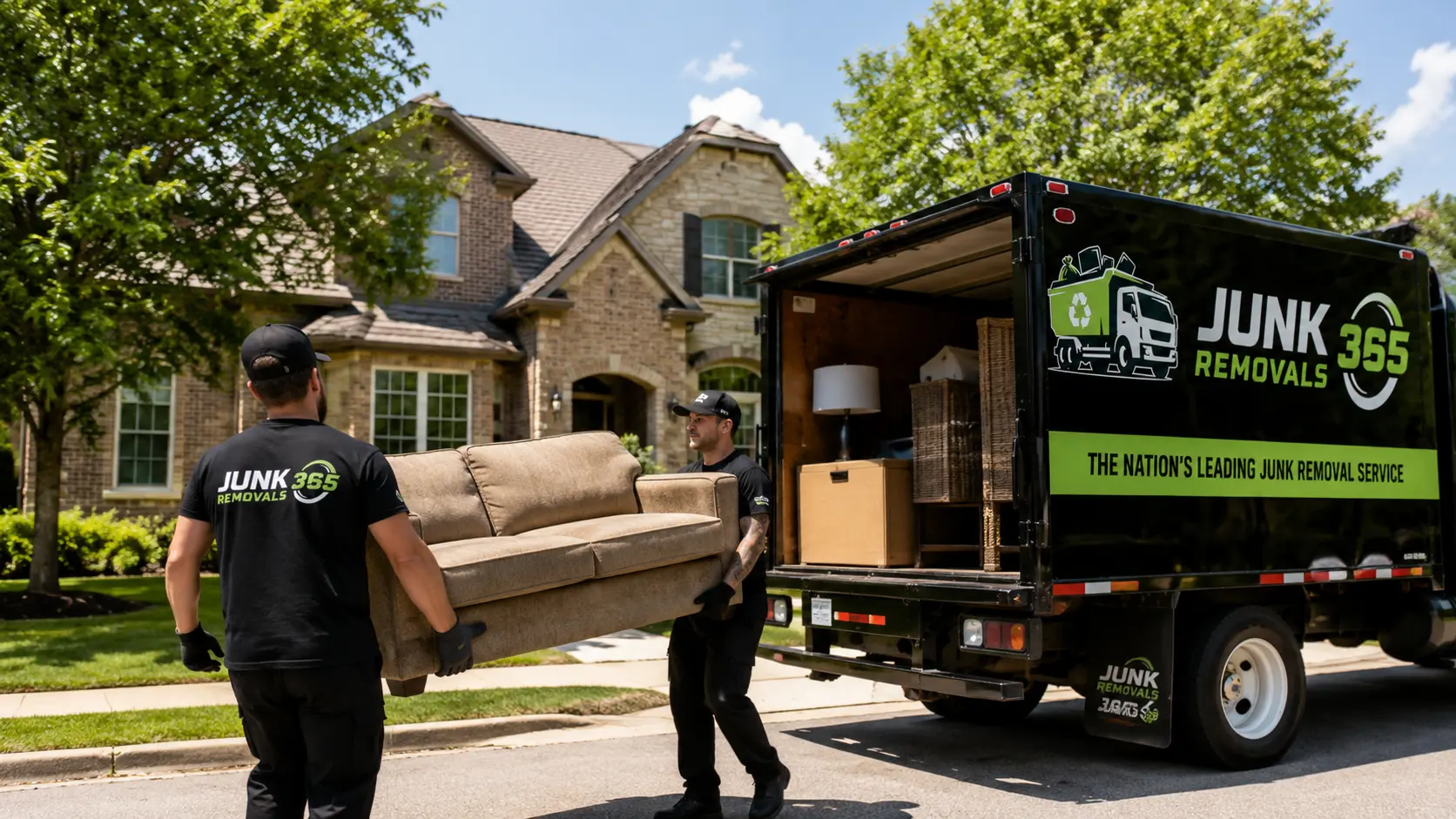 Couch removal service loading unwanted furniture during a national home cleanout