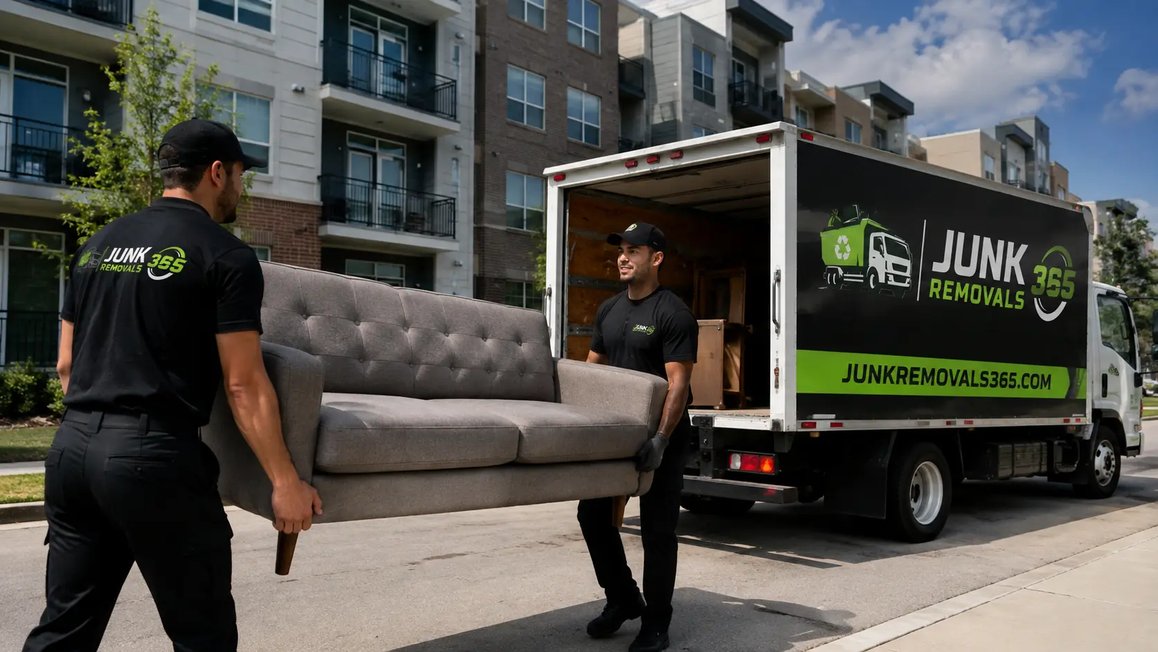 Sofa junk removal from an apartment living room in the United States