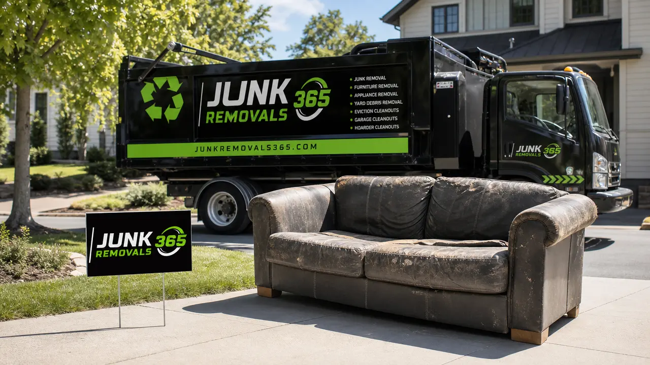 Hauling away an old couch during a moving cleanout in the United States