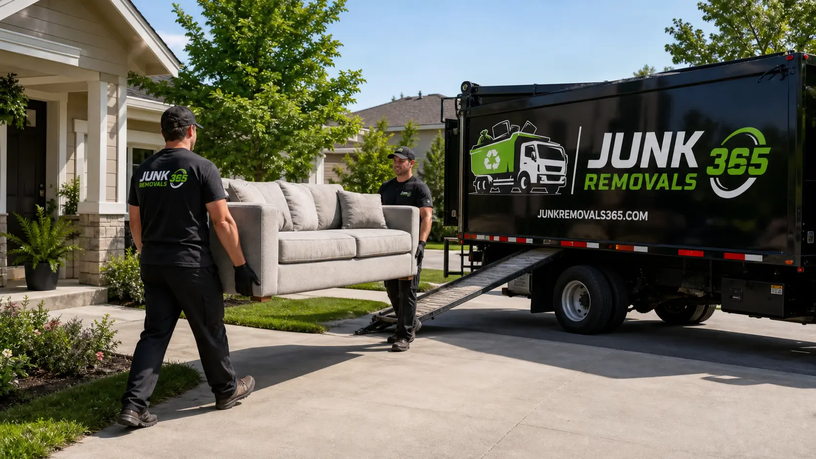 Sofa removal during a living room cleanout in the United States