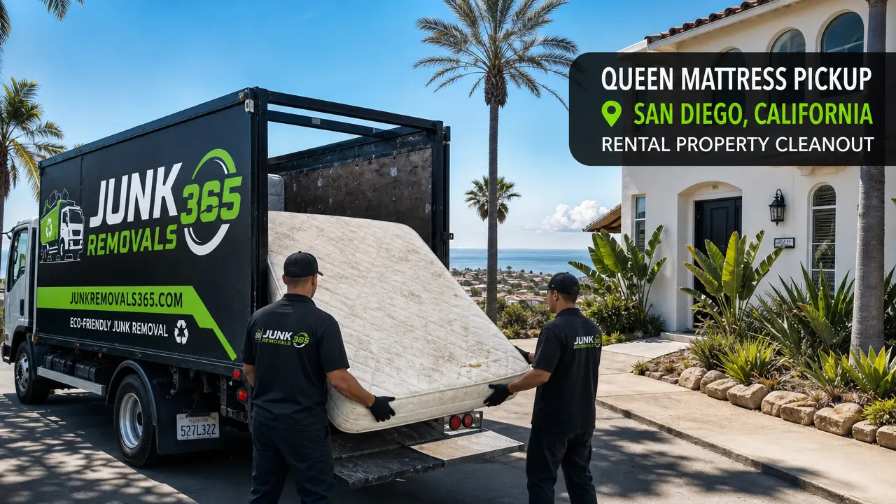 Queen mattress pickup from a San Diego California rental property