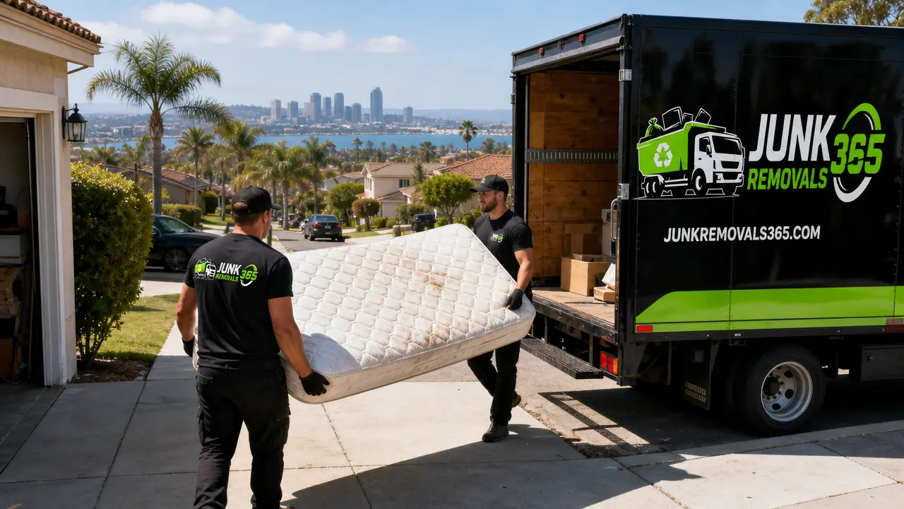 Mattress disposal during garage cleanout at a San Diego California home
