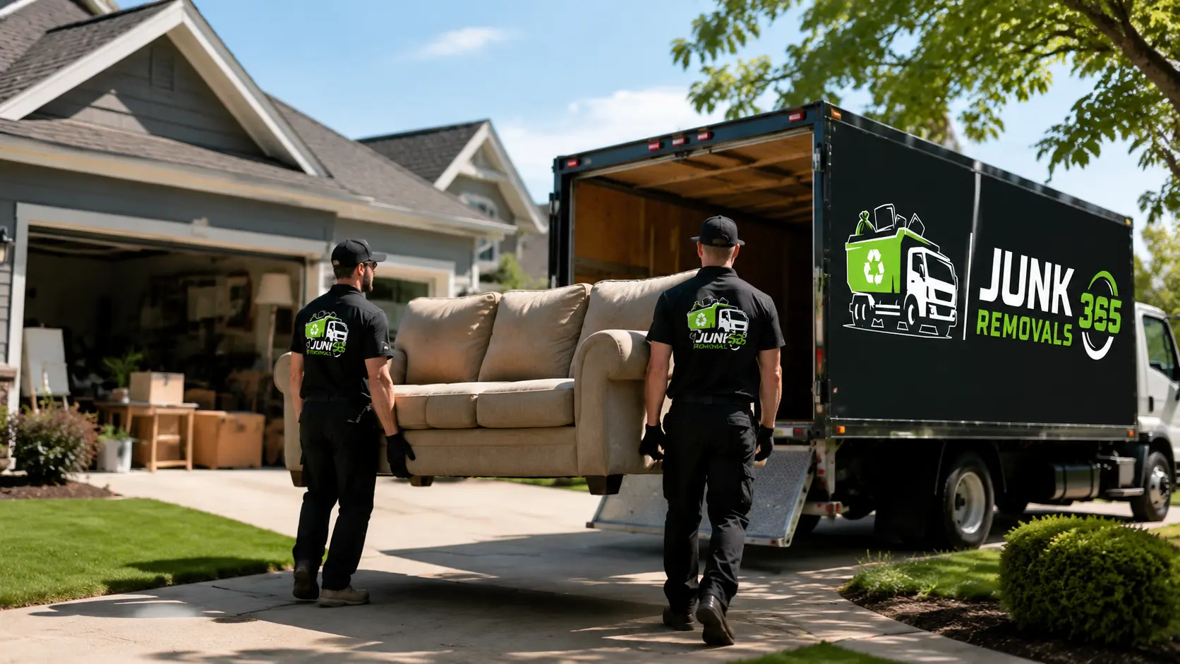 Couch disposal and furniture cleanout preparation at a suburban home in the United States