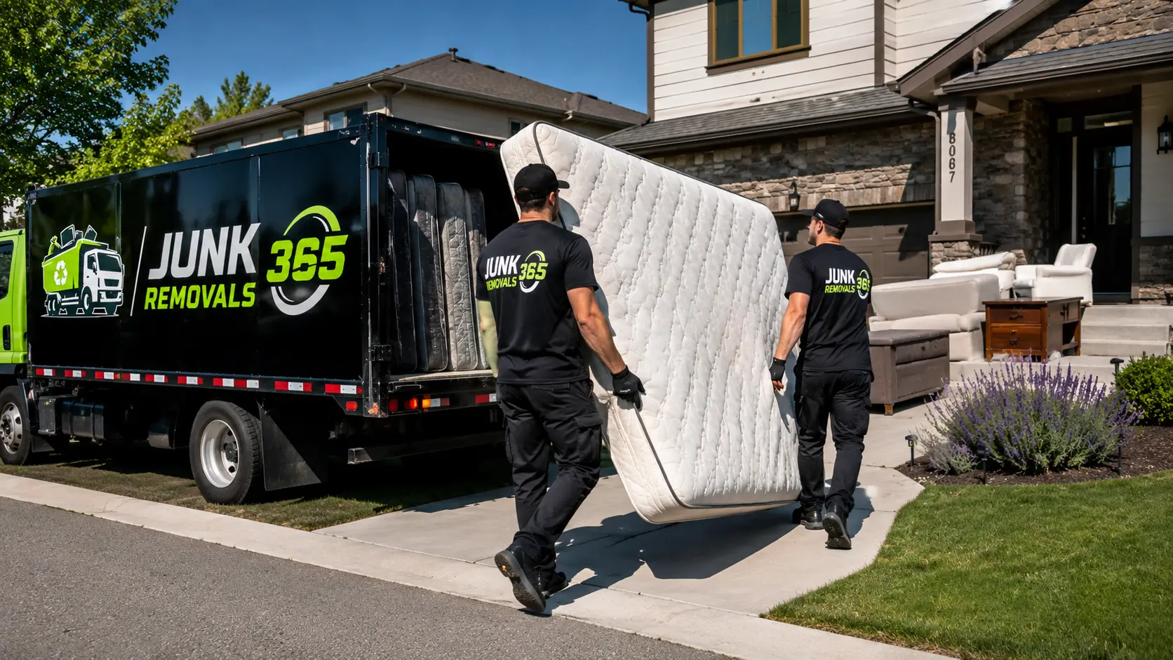 Mattress removal crew handling bulky bedroom cleanout items in the United States