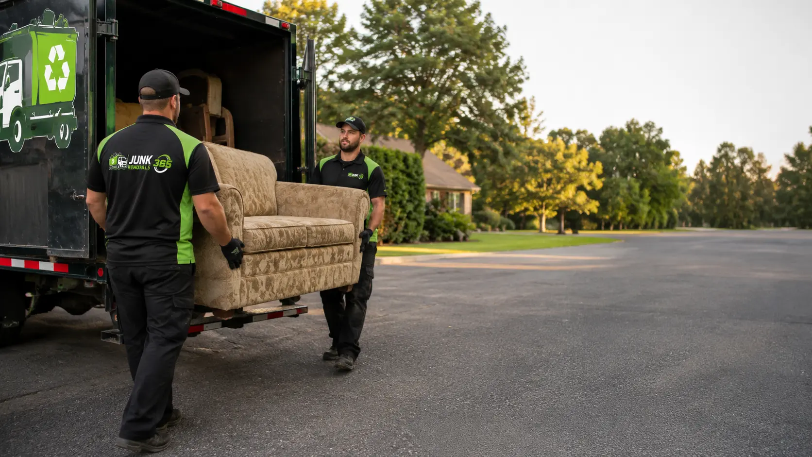 Old couch removal from a home during a national furniture cleanout project